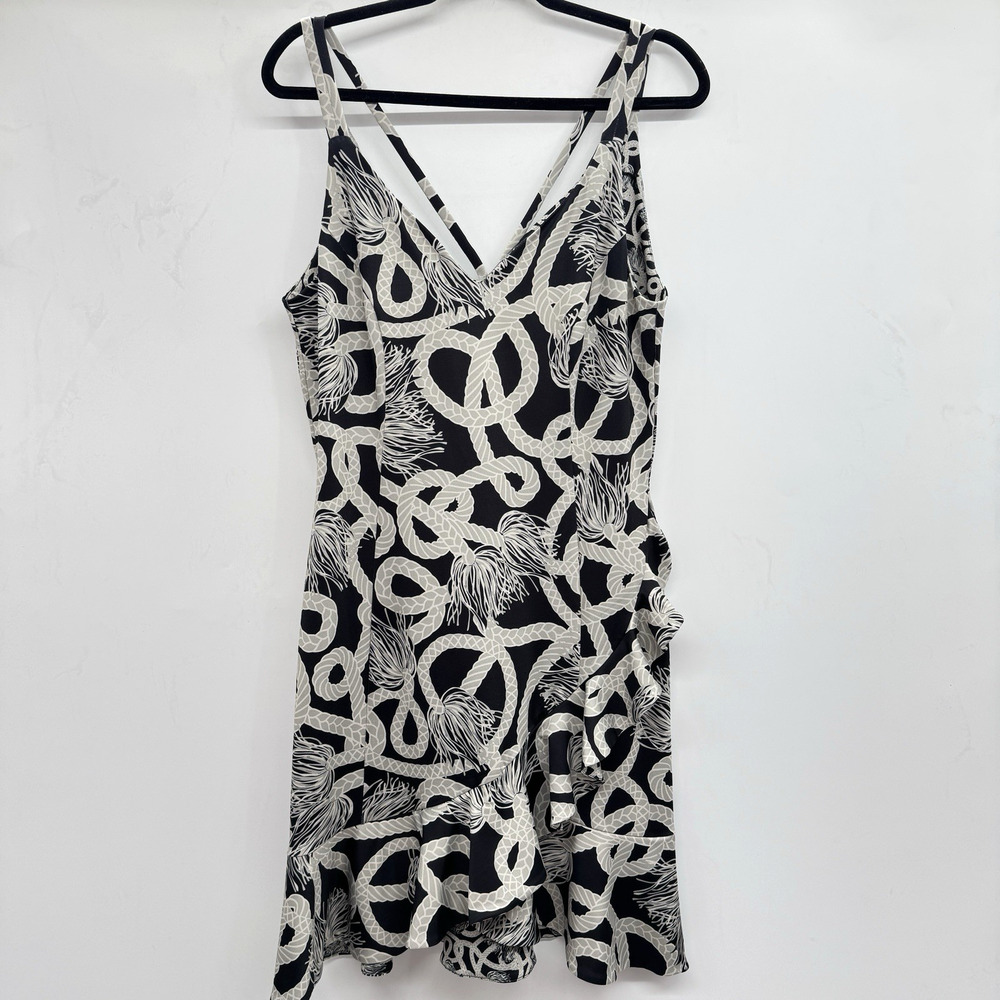 Gretchen Scott Rope Print Strappy Tank Dress Sz S/M Black Multi Vacation Ruffled